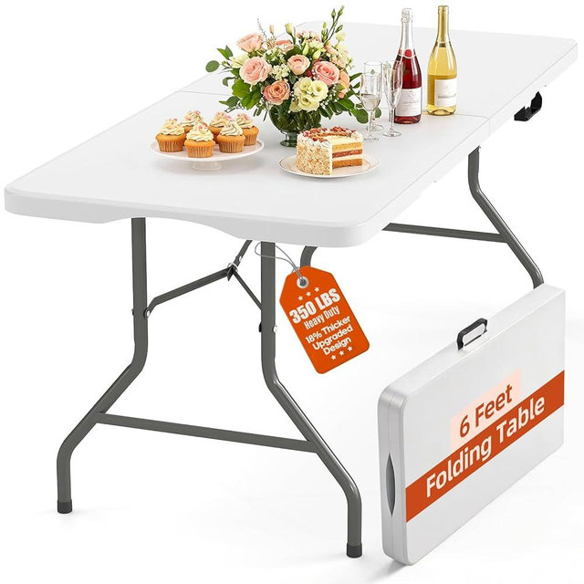 Harigal 6FT Folding Table Heavy Duty Portable Fold in Half with Handle 350lbs Capacity Thicker HDPE Waterproof Top Steel Frame with Locking Legs for Indoor Outdoor Camping Party Events