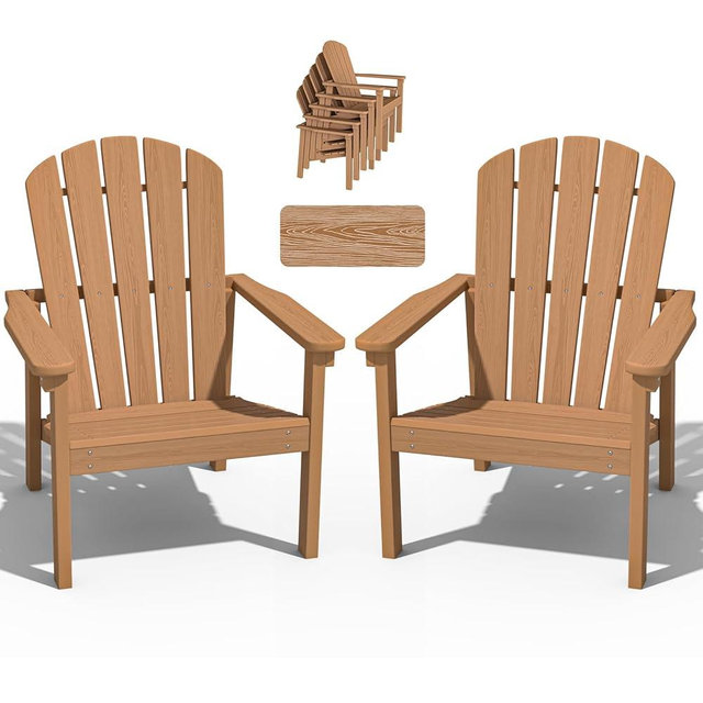 nevilywood Stackable Adirondack Chair Set of 2, HDPE Outdoor Patio Chair - Durable and Space Saving, Suitable for Porches, Lawns or Garden, Teak