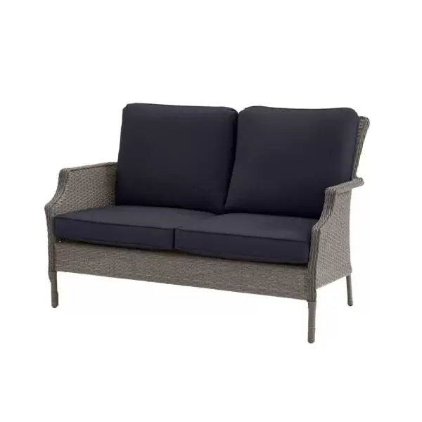 Grayson Ash Gray Wicker Outdoor Patio Loveseat with CushionGuard Midnight Navy Blue Cushions