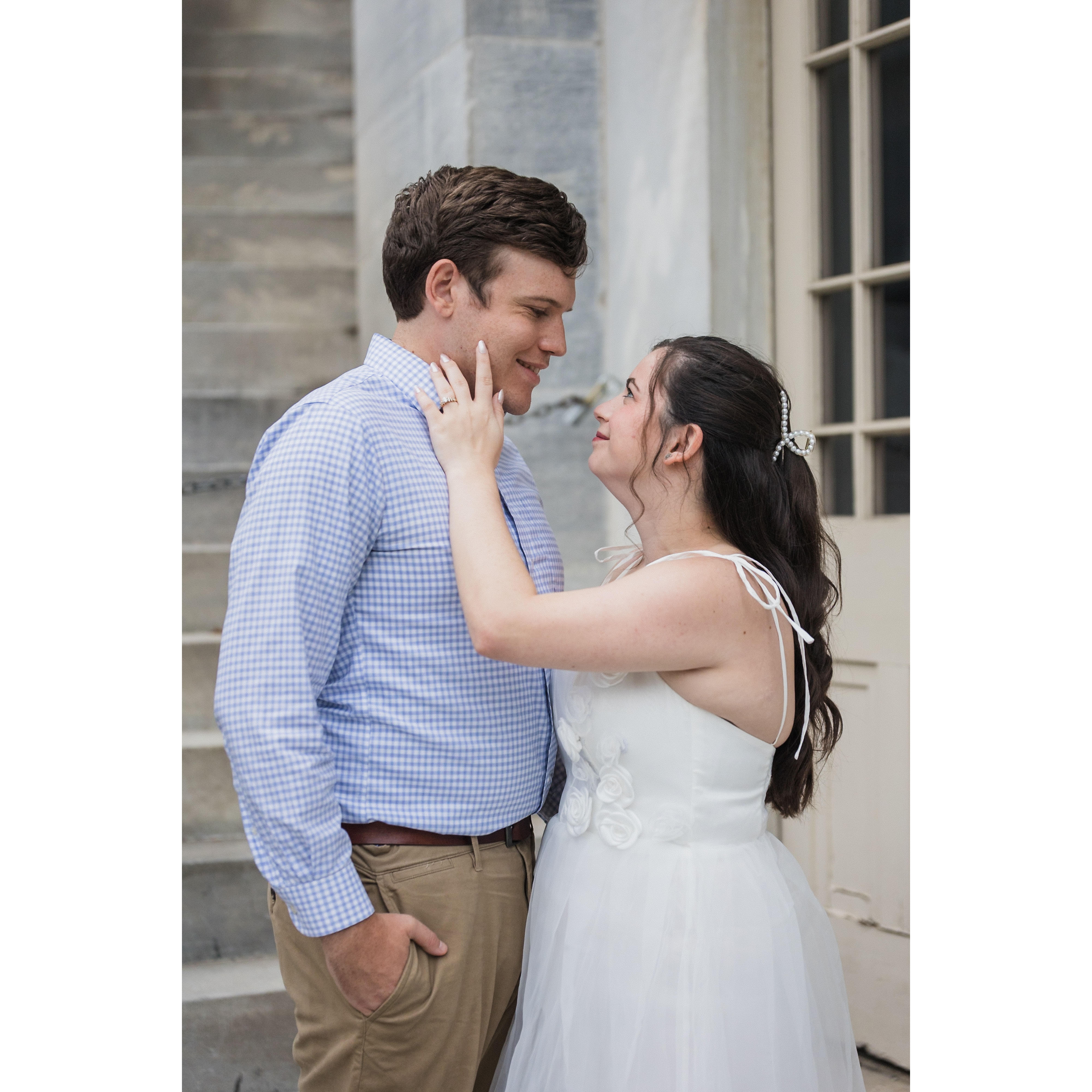 Engagement photos at the Merchant Exchange Building in Philadelphia