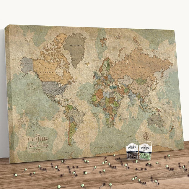 Holy Cow Canvas Personalized World Map on Canvas in Vintage Earth Tones, Travel Map with Pins to Mark Travels, World Map Pin Board, Push Pin Travel Map, Travel Map Tracker (40" x 24", Gallery Wrapped)