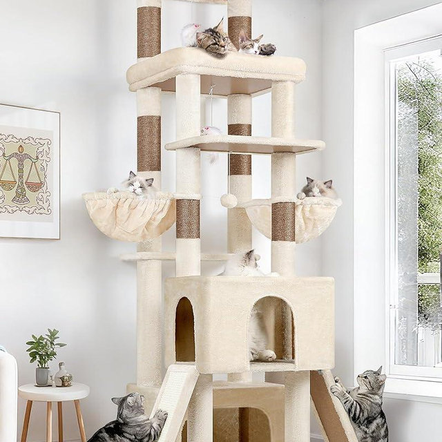 Globlazer Heavy Duty Cat Tree 78 inch Sturdy Cat Tower for 20lbs Large Adult Cats, Symmetrical Aesthetic Big Cat Tree with Extra Large Platform, 2 Scratching Boards, Z78, Beige
