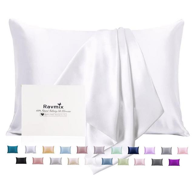 Ravmix 100% Silk Pillowcase for Hair and Skin with Hidden Zipper, Both Sides 21 Momme Mulberry Silk, 1PCS, Standard Size 20×26inches, Pure White