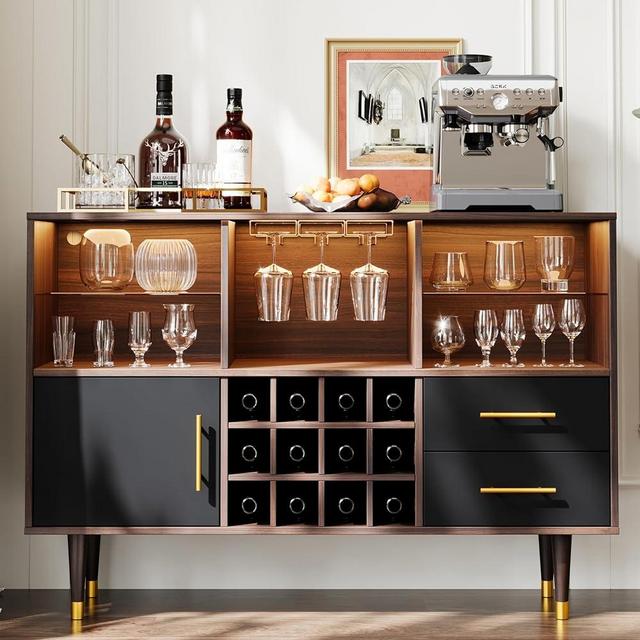 Bar Cabinet and Bar Table - LED Light Charging Station, Buffet Cabinet with Storage, Sideboard Cabinet, Coffee Bar - Ideal for Buffets & Sideboards, Wine and Liquor Cabinet 47 inch Walnut