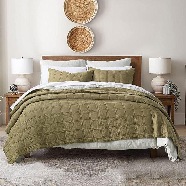 100% Cotton Quilt Queen Size Olive Green Bedspread, Pre-Washed 3-Piece Cozy Lightweight Stitching Decorative Bedding Cover Coverlet Set with 2 Shams in Geometric Pattern Rustic Style for All Season