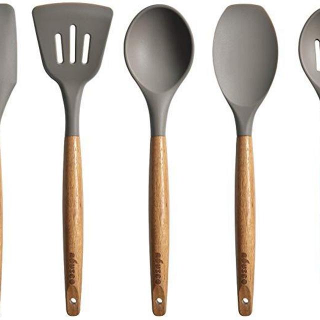 Miusco 5 Piece Silicone Cooking Utensil Set with Natural Acacia Hard Wood Handle