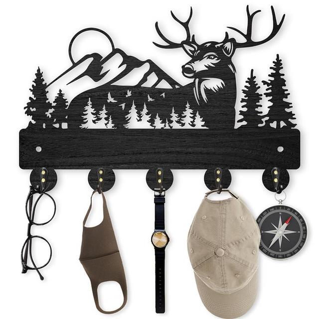MAYJOYDIY Deer Coat Rack Wall Mount, 11.8×8inch Christmas Deer Key Holder, Deer Wall Coat Rack Hooks, Wooden Coat Hooks, Forest Mountain Wall Art Decor 5 Metal Hooks for Living Room Hallway Office