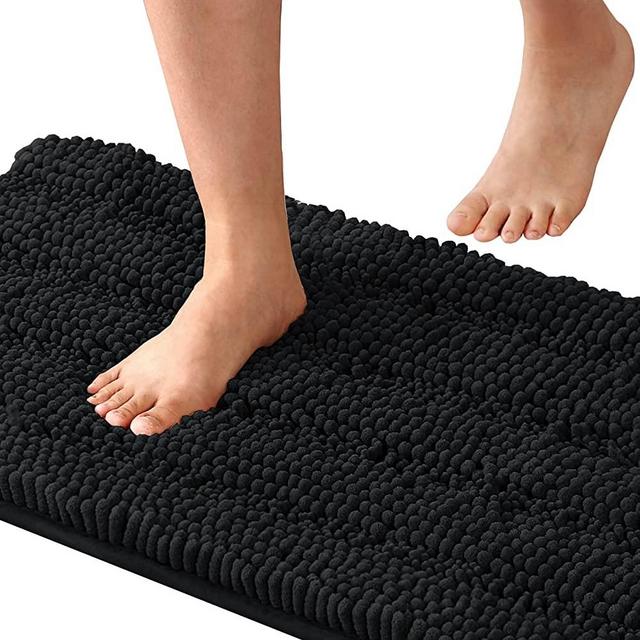 Bath Rugs for Bathroom Non Slip Bath Mats Extra Thick Chenille Striped Bath Rug Runners Oversized 59" x 20" Absorbent Fluffy Soft Shaggy Mats Dry Fast Plush Area Carpet for Bath Room - Black