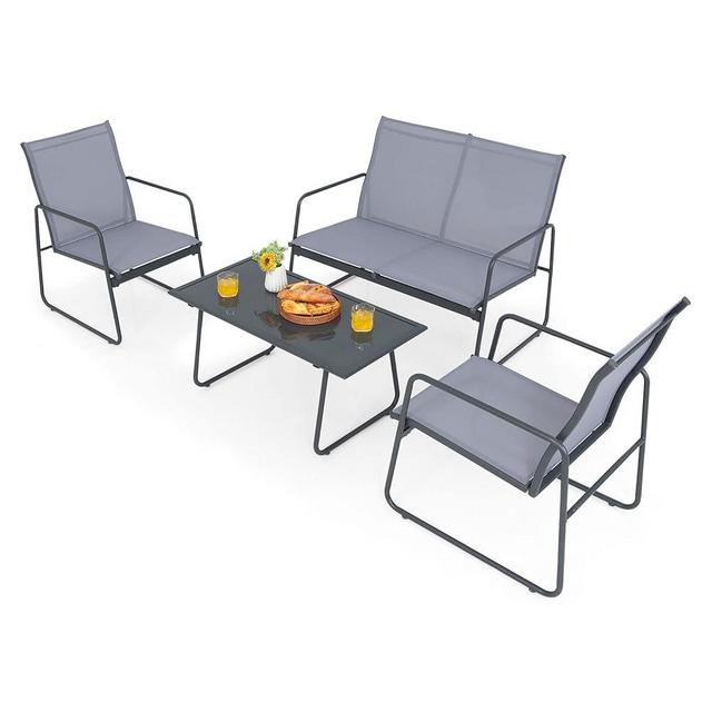 Giantex 4 Pieces Patio Furniture Set, Outdoor Conversation Set with 2 Patio Dining Chairs, Tempered Glass Coffee Table, Anti-Rust Steel Frame for Garden Poolside Backyard, Grey