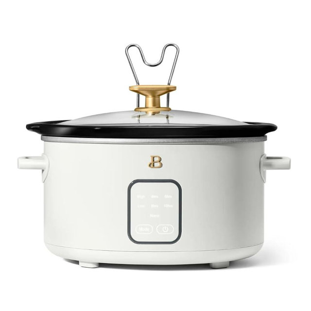 Beautiful 4-Quart Programmable Slow Cooker by Drew Barrymore – Touch Display, Removable Stoneware Pot, Automatic Warm Function (White Icing)