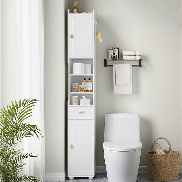 HEXCELEN Bathroom Storage Cabinet, Tall Bathroom Cabinet, Freestanding Floor Cabinets with 2 Doors and 1 Drawer, Toilets Organizer with Adjustable Shelf, 1 Hook for Living Room, Kitchen, White 480013X