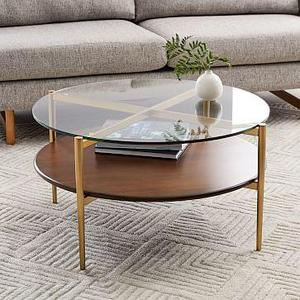 Art Display Coffee Table, Glass, Walnut, Antique Brass