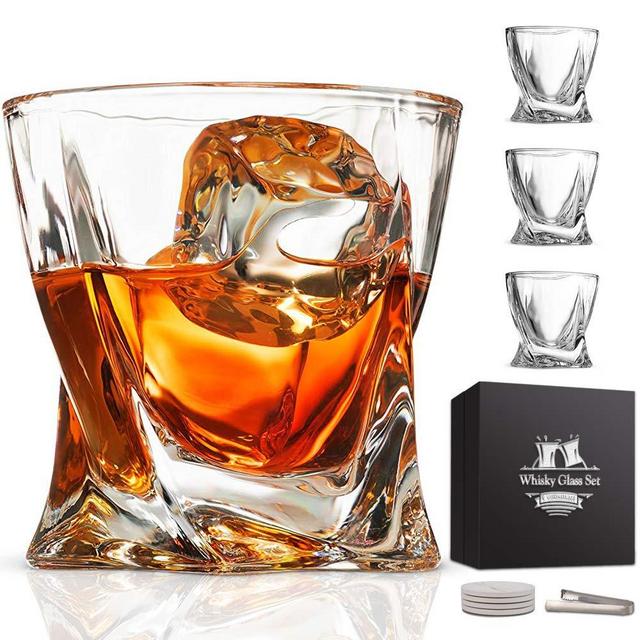 Whiskey Glass Set of 4 - Crystal Clear Twist Scotch Glasses 10 oz Lead-Free Glassware with Luxury Gift Box & 4 Drink Coasters & 1 Ice Tong for Drinking Bourbon Malt Cognac Irish Whisky