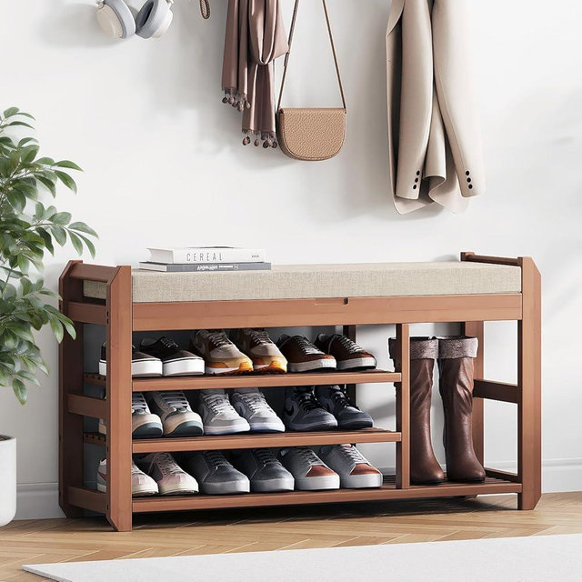 ACSWOD 39.4" Bamboo Shoe Bench with Cushion, 3-Tier Adjustable Storage Bench for Entryway, Heavy Duty Shoe Rack Organizer with Removable Soft Cushion for Living Room Bedroom Hallway