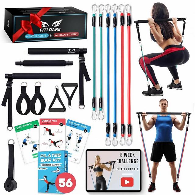 FITI DARE Multifunctional Pilates Bar Kit with Resistance Bands and Workout Cards | Portable Exercise Equipment Home Gym for Women & Men of All Heights | Full Body Fitness Exercise Set (25,30,35lbs)