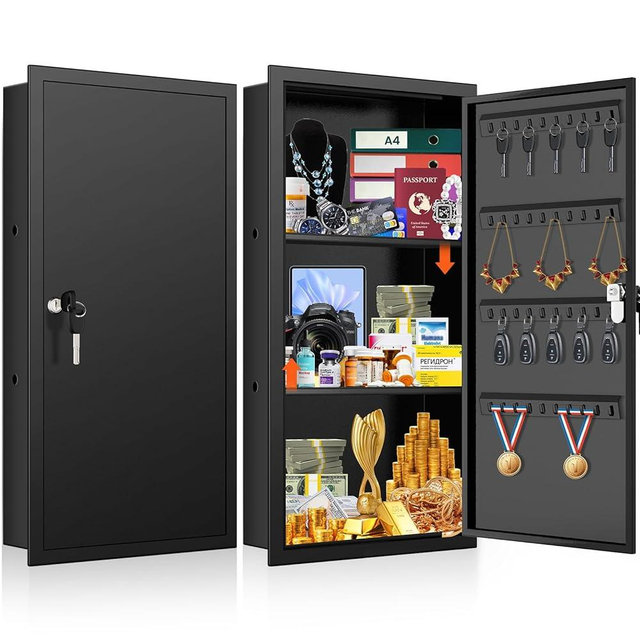 GUVELI 25.6" Tall Wall Safes Between the Studs, Lockable Hidden Safe Box with Hooks for Keys Jewellery, In Wall Safe for Money Medicines Valuables, Black