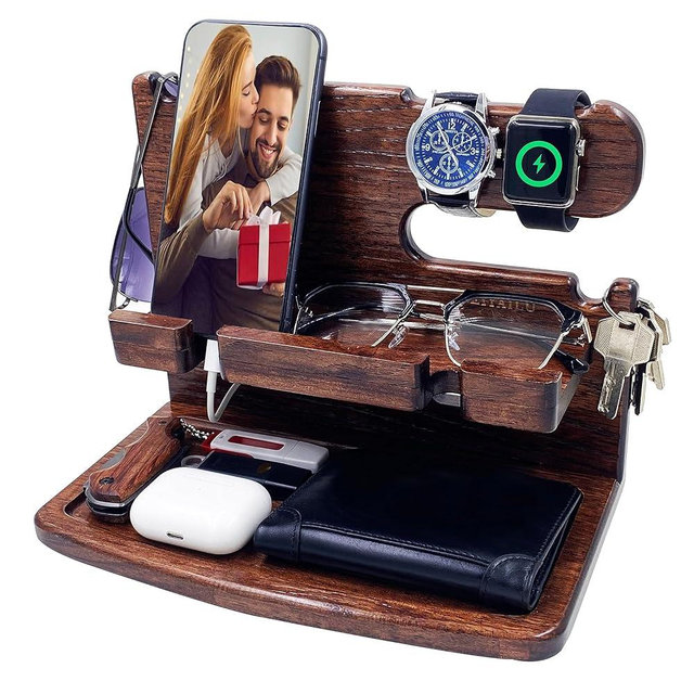 VEIYAILU Gifts for Men Dad Husband Boyfriend Wood Phone Docking Station Nightstand Organizer for Men Gift Ideas for Father's Day, Christmas, and Valentine's Day (Dark Brown)