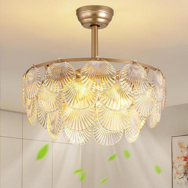 NOXARTE 22 Inch Crystal Ceiling Fan with Light, Multi-Tier Shell Cloud Glass Metal Caged Ceiling Fan Remote Control Modern Gold Fandelier Reverse Motor 6 Speeds Chandelier Fan for Living Room Bedroom