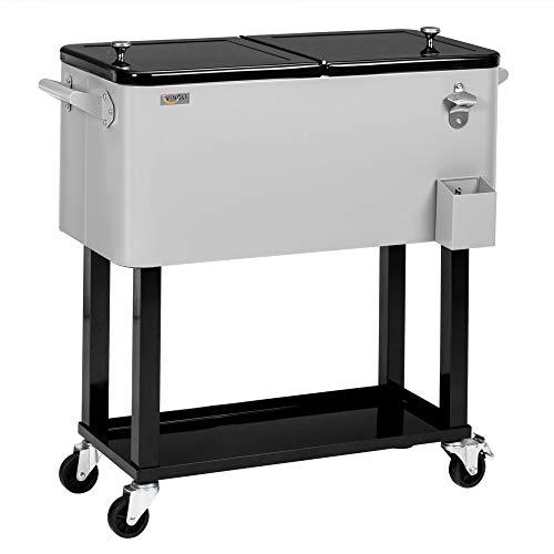 VINGLI 80 Quart Rolling Ice Chest, Portable Patio Party Bar Drink Cooler Cart, with Shelf, Beverage Pool with Bottle Opener,Grey