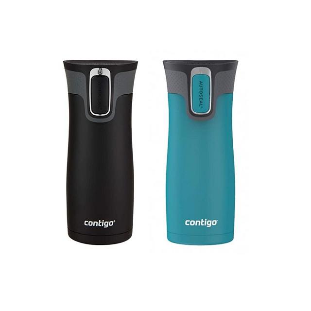 Contigo AUTOSEAL West Loop Vacuum-Insulated Stainless Steel Travel Mugs with Easy-Clean Lid, 16oz, 2-Pack, Matte Black & Scuba