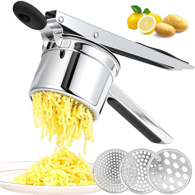 Potato Ricer Stainless Steel, Heavy Duty Potato Masher with Ergonomic Handle, Large 3 Interchangeable Discs Ricer for Mashed Potatoes Dishwasher Safe, Efficiently Make Fluffy Smooth Mashed Potatoes