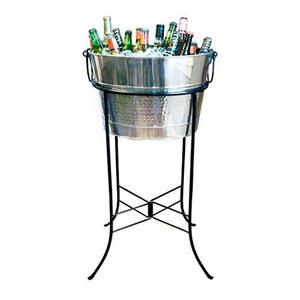 BREKX Hammered Stainless Steel Silver Beverage Tub with Black Iron Stand - Large Party Accessory