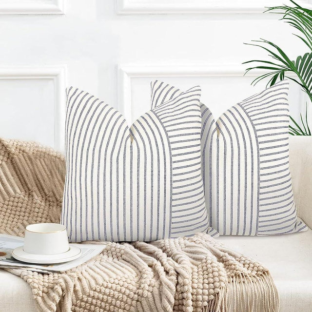 YCOLL Farmhouse Pillow Covers 26x26, Modern Accent Throw Pillow Covers Set of 2, Navy and Beige Striped Patchwork Linen Decorative Pillows Cushion Covers for Couch Chair Bedroom Fall Decorations