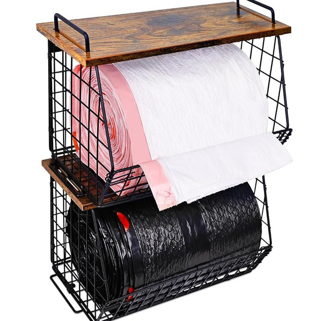 2 Pack Stackable Extra Large Trash Bag Holder Under Sink, Wall Mounted Garbage Bag Dispenser Roll Holder for 13/33 Gallon Trash Bags, Kitchen/Pantry/Laundry Room Organization Basket Storage Bin
