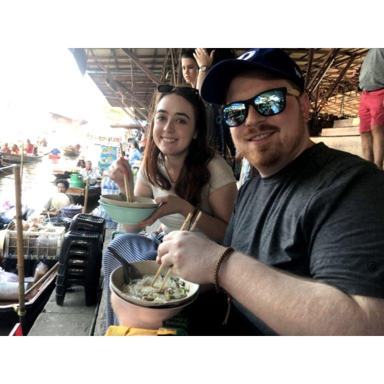 Eating boat noodles in Bankok, Thailand in 2018. An old woman served us noodles from a canoe on the water. This is stuff Austin's dreams are made of!