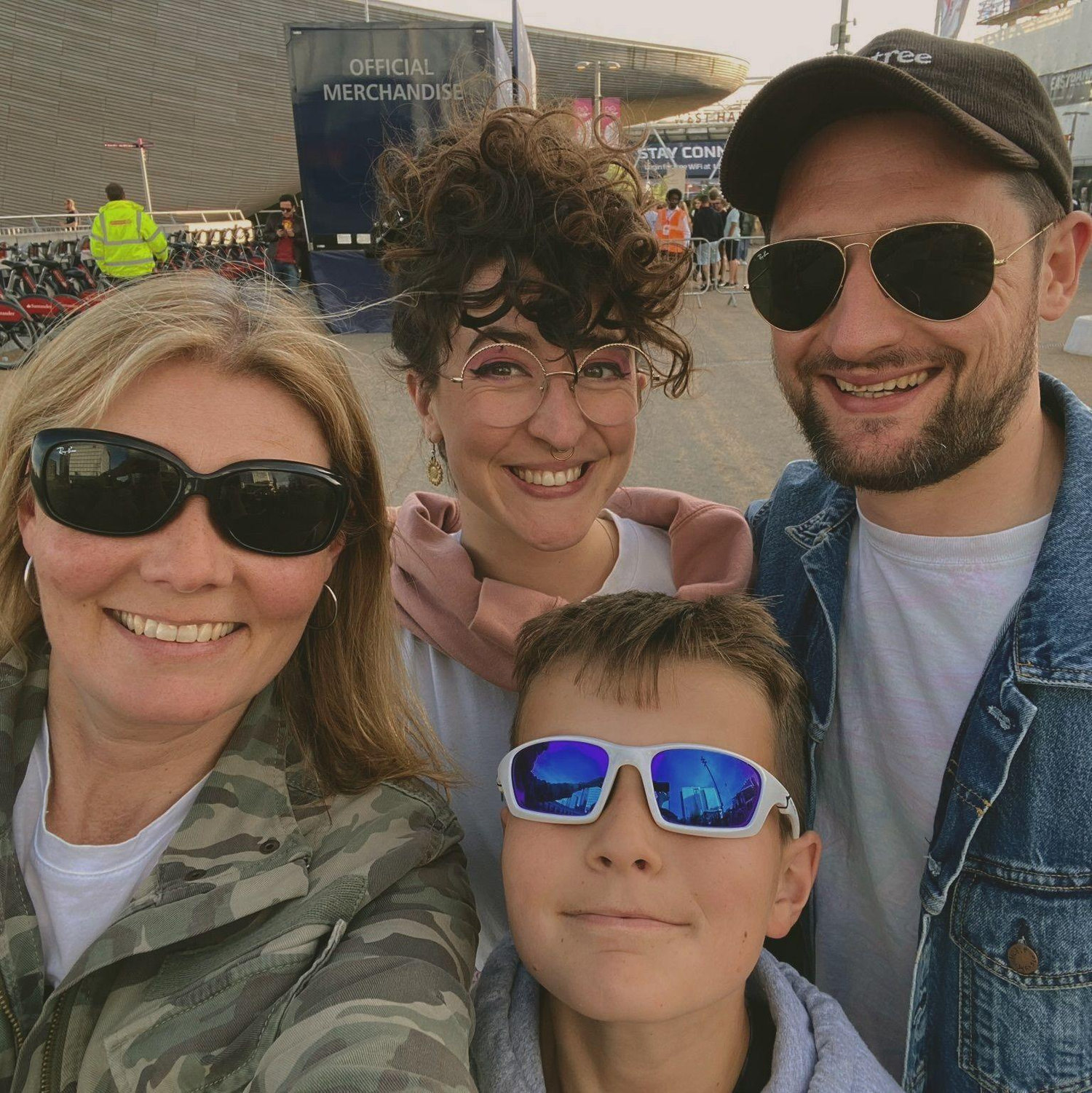 Deb, Immy, Jack & Nick at the Chilli’s concert wearing glasses. (Fun fact: Deb has the same name as the bride, but Debbie will be the one in white)