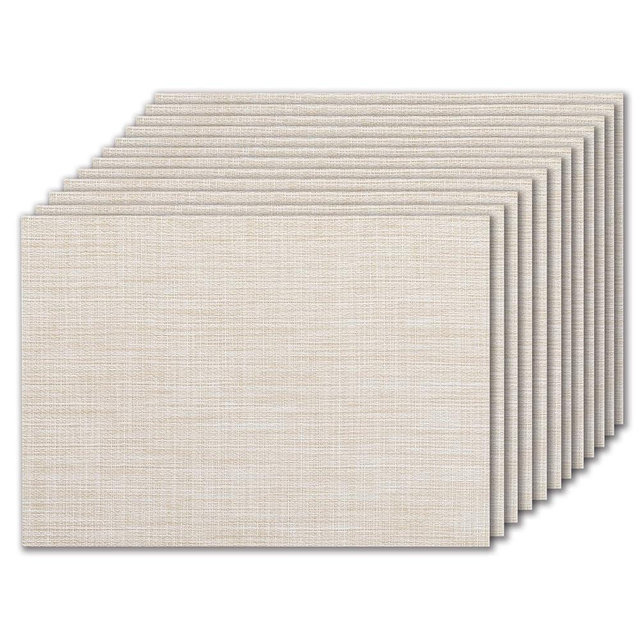 LEXMORE PVC Woven Placemats 12 PCS Wipeable Indoor/Outdoor Table Mats Washable Vinyl Place Mat for Dining Table, Set of 12-Beige White