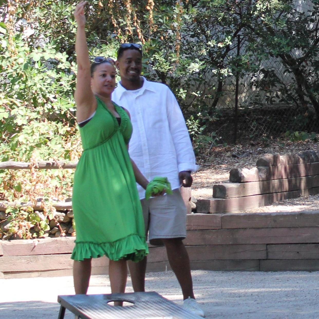 At the company barbecue playing Bean bag toss.