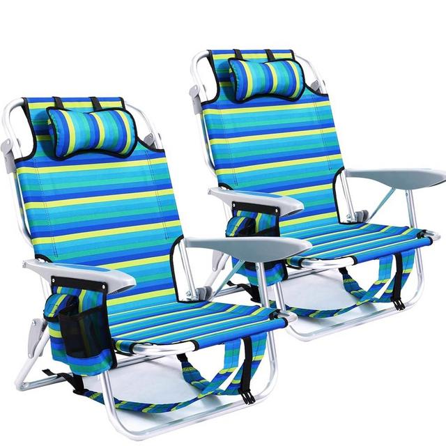 Canpsky 2 Pack Lightweight Portable Camping Beach Chair for Adults, Outdoor Lay Flat Folding Beach Chairs with 4 Positions, Backpack Beach Chair with Towel Bar, Cooler Pouch, Cup Holder, Ocean Striped