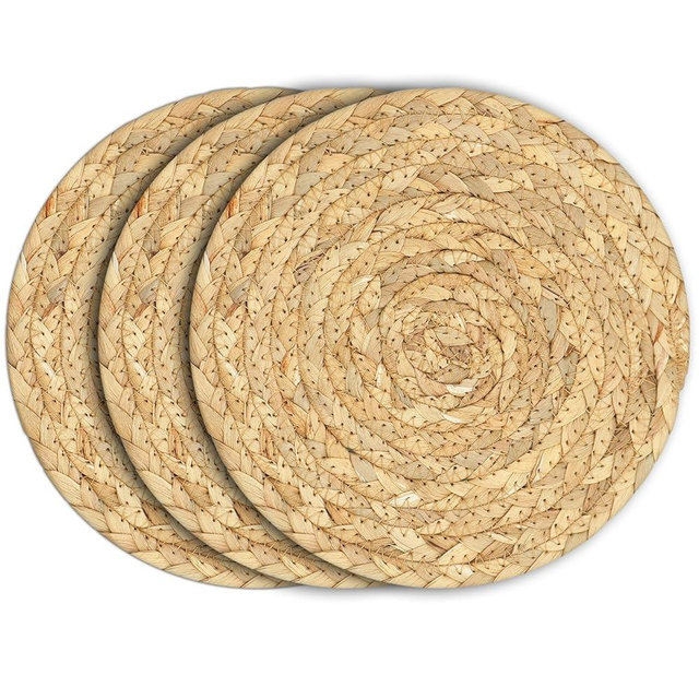 Boho Trivets for Hot Dishes, Pots and Pans, Farmhouse Water Hyacinth Hot Pads 8 Inch, Straw Pot Holders for Kitchen, Rustic Braided Heat Resistant Mat, Jute Coasters Set Wicker Decor (Natural 3 Pcs)