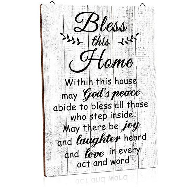 House Warming Gifts Bless this Home Wall Decor House Blessing Plaque Farmhouse Entryway Sign Wood Rustic Sign for Christmas Homeowner Gift Religious Decoration(White,13.8 x 11 Inches)