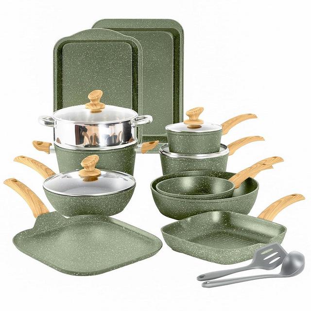 17 Piece Pots and Pans Set Non Stick, Nonstick Induction Granite Kitchen Cookware Sets, Induction Cookware Frying Pans, Nonstick Granite Cooking Set, Pan Sets for Cooking, Green