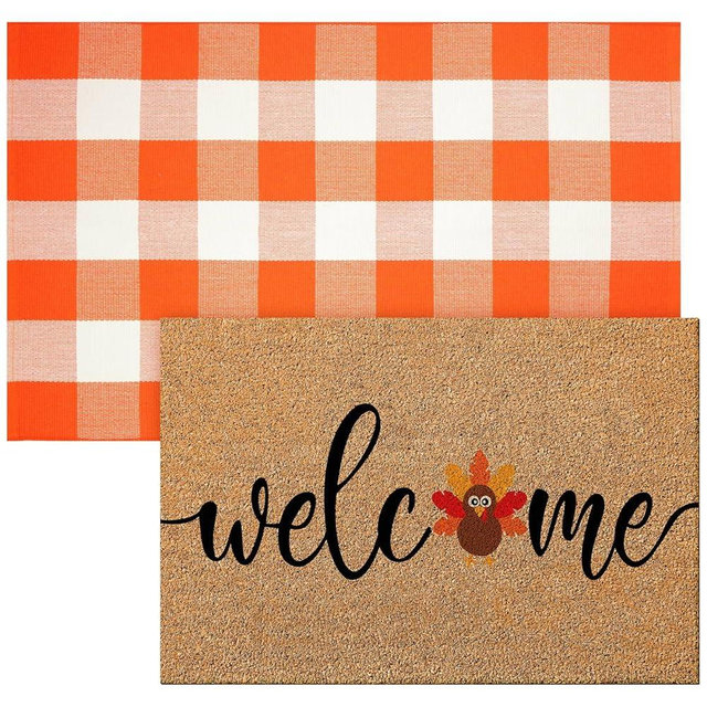 Duraaamo 2 Pcs Thanksgiving Nature Coir Doormat Outdoor Turkey Welcome Outdoor Rug Thanksgiving Non Slip Floor Door Mat Fall Indoor Entrance Mat Autumn Porch Front Decor
