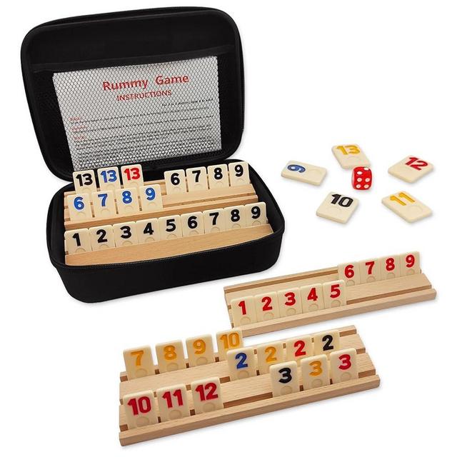 Rummy Cube Game with Case and 4 Wooden Racks/Trays, 106 Rummy Tiles Game Sets Classic Travel Board Game Sets with 4 Tiles Holders for Family