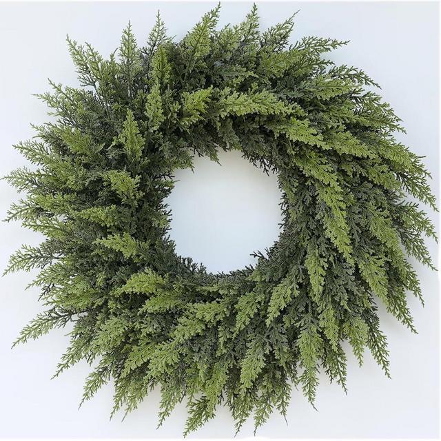 24" Real Touch Cedar Wreath for Front Door, Artificial Christmas Wreaths Faux Cedar Green Fake Pine Needles Wreath for Front Door Wall Windows Indoor Outdoor Christmas Decor