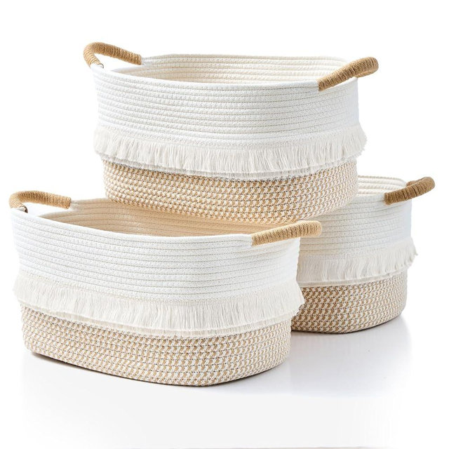 BUBUSUN Storage Bins Woven Baskets for Storage Set of 3, Cotton Rope Basket with Handles for Toys/Shelves/Laundry, Rectangle Multi-Purpose Organizer for Living Room, Bedroom, Nursery (White/Brown)
