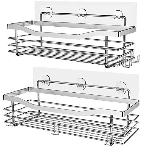 Orimade Adhesive Shower Caddy Shelf with 5 Hooks Organizer Storage Rack Wall Mounted Stainless Steel No Drilling for Bathroom, Toilet, Kitchen, Laundry - 2 Pack