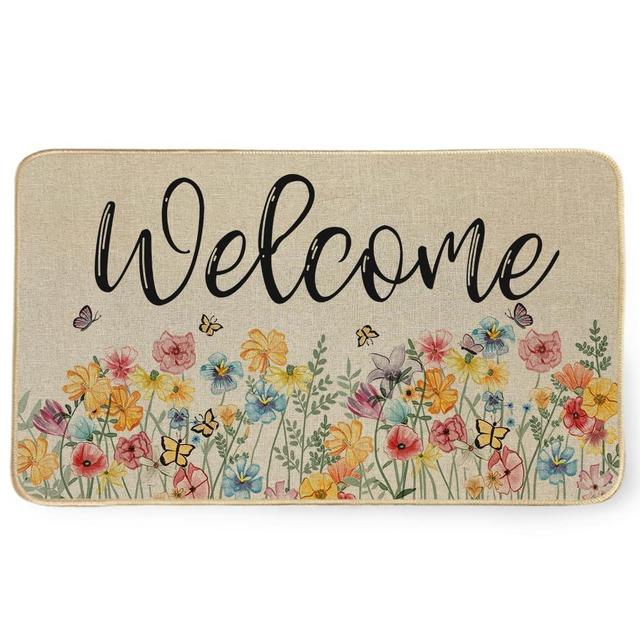 Spring Welcome Door Mat, Seasonal Flowers Decorative Doormat Non-Slip Rubber Rugs Outdoor Switch Entrance Floor Mats DM142