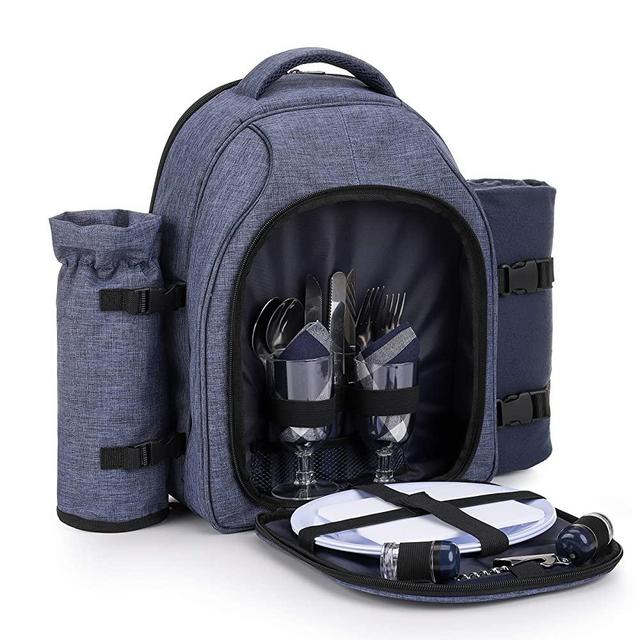 apollo walker Picnic Backpack Bag for 2 Person with Cooler Compartment, Detachable Bottle/Wine Holder, Fleece Blanket, Plates and Cutlery Set (2 Person, Navy)