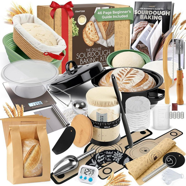 CraftZee Super All-Inclusive 𝗣𝗥𝗘𝗠𝗜𝗨𝗠 Sourdough Starter Kit with Pot - Sourdough Bread Baking Supplies, Scale, Oval & Round Baking Slings, 4 proofing Baskets, Bowl, Timer, Beginner Guide Recipes
