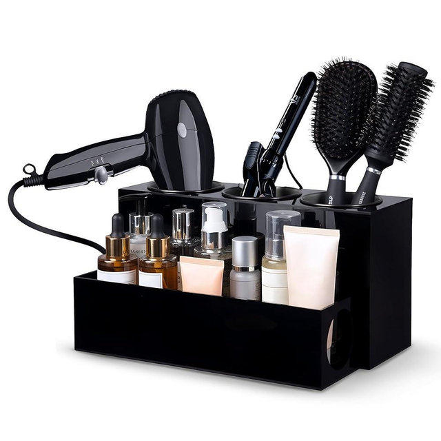 CANCRISELL Hair Tool Organizer for Bathroom Vanity – Blow Dryer Holder with Stainless Cups for Hair Dryer, Curling Iron & Straightener, Countertop Hot Tools Holder and Hair Tool Storage (BLACK)