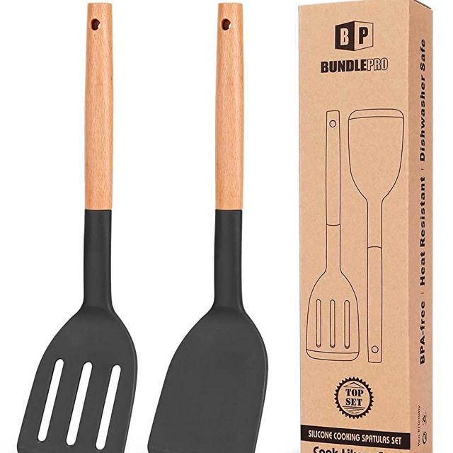 Pack of 2 Silicone Cooking Spatula, Heat Resistant Solid Turner, Non Stick Slotted Spatulas with Wooden Short Handle,Ideal Wood Kitchen Utensils Set for Frying, Baking, Flipping, Turning