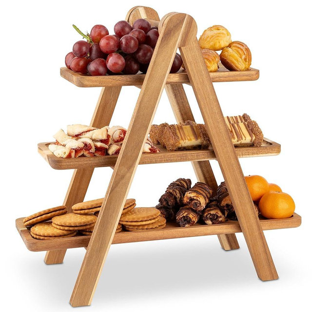 Hammont 3 Tiered Tray Stand - Acacia Wood Serving Tray - Cupcake Stand | Food Board | Dessert Cake Platters - Set of 3 Rustic Boards