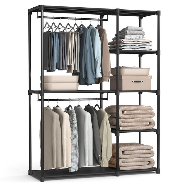 SONGMICS Portable Closet, Freestanding Closet Organizer, Clothes Rack with Shelves, Hanging Rods, Storage Organizer, for Cloakroom, Bedroom, 48.8 x 16.9 x 71.7 Inches, Black URYG026B02