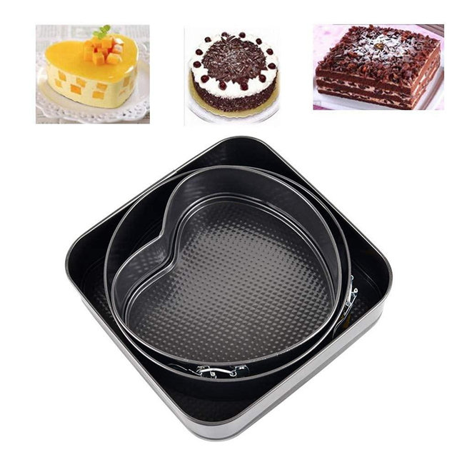 Falytemow Nonstick Springform Pan with Removable Bottom 3 Pieces Cake Molds of Heart Round Square Leakproof Cheesecakes Pan Bakeware Set