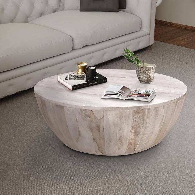 The Urban Port 12-Inch Height Round Mango Wood Coffee Table, Subtle Grains, Distressed White